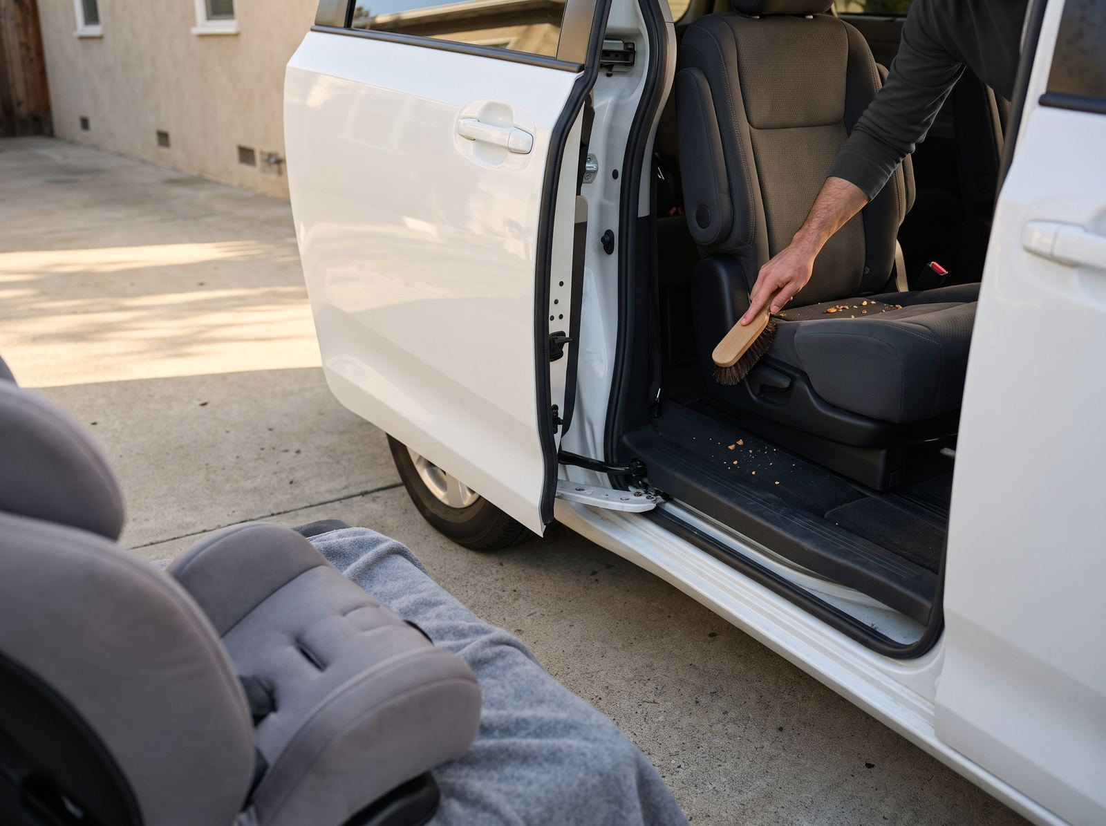 A child seat rests on a gray blanket on the driveway while a hand brushes crumbs off the minivan seat it came from.